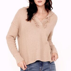 Cleo + Wolf Drop Shoulder Ribbed V Neck Fringed  Sweater, size XL